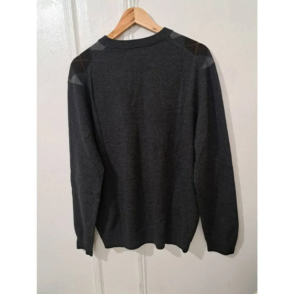 Banana republic mens large sweater argyle gray brown fine wool patch elbow